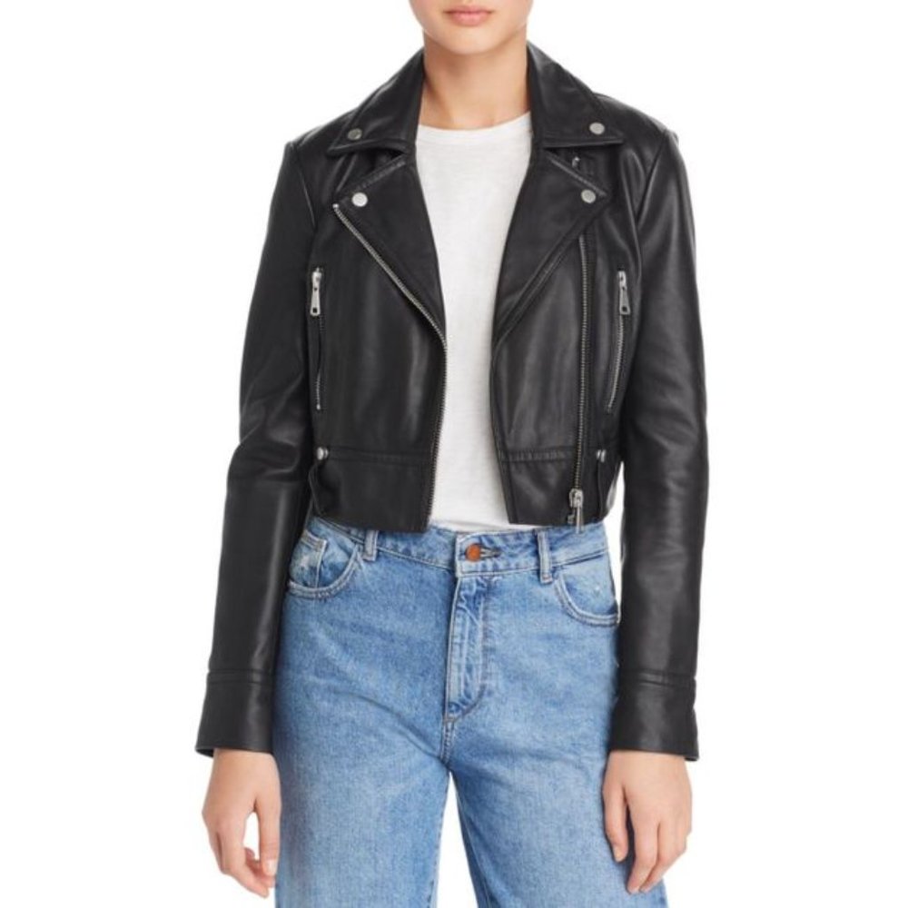Aqua Cropped Leather Moto Jacket